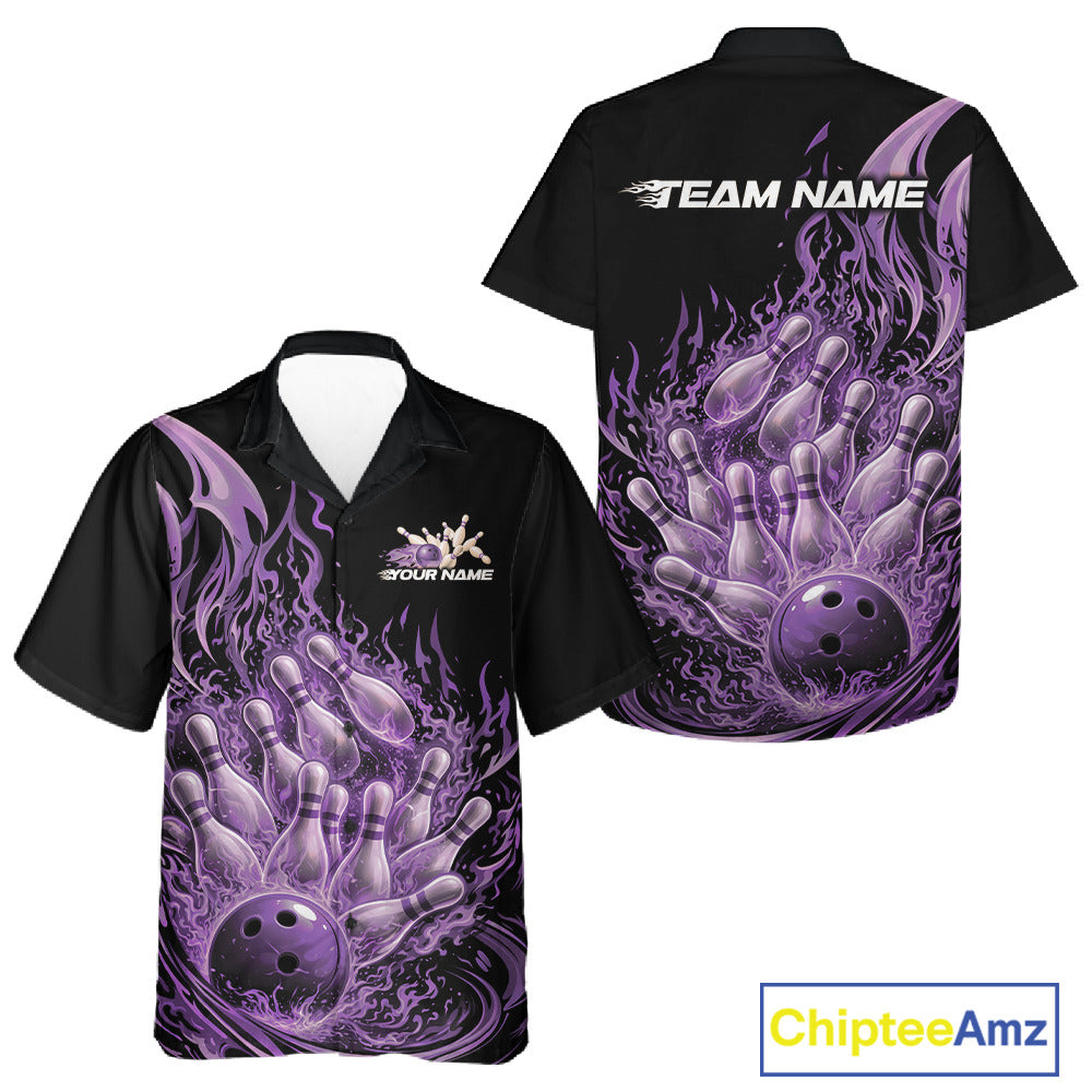 Front and back button-up bowling shirt mockup in black and purple featuring a flaming bowling ball crashing into pins with blazing flames.