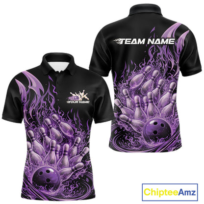 Front and back views of a mens black and purple bowling polo featuring a flaming bowling ball crashing into pins with blazing fire effects.