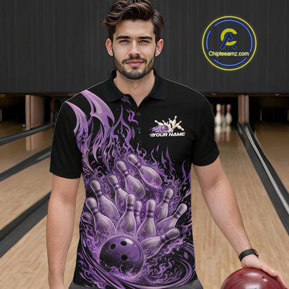 Male model wearing a black and purple bowling polo in a bowling alley with fiery bowling action artwork of a flaming ball striking pins.