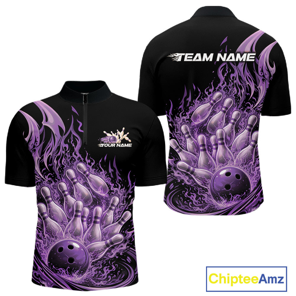 Front and back view men’s quarter-zip bowling shirt mockup featuring flaming bowling ball crashing into pins purple fiery theme