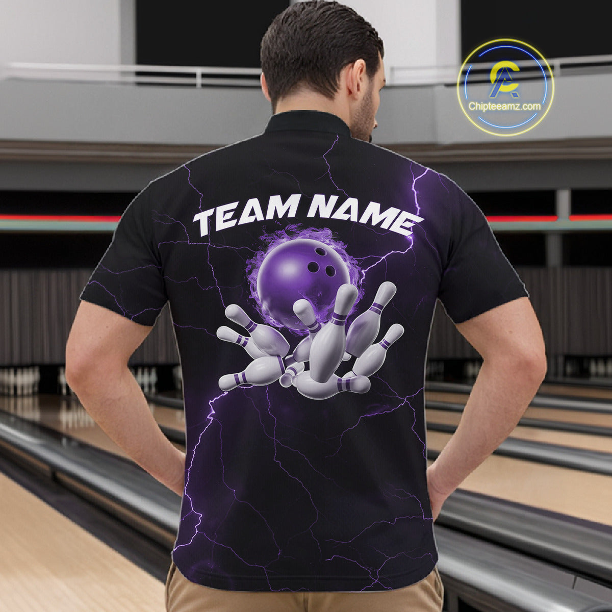 Custom Purple Thunder Lightning Flame Bowling Ball Men Bowling Team Shirt Bowler Outfit IPHW10671