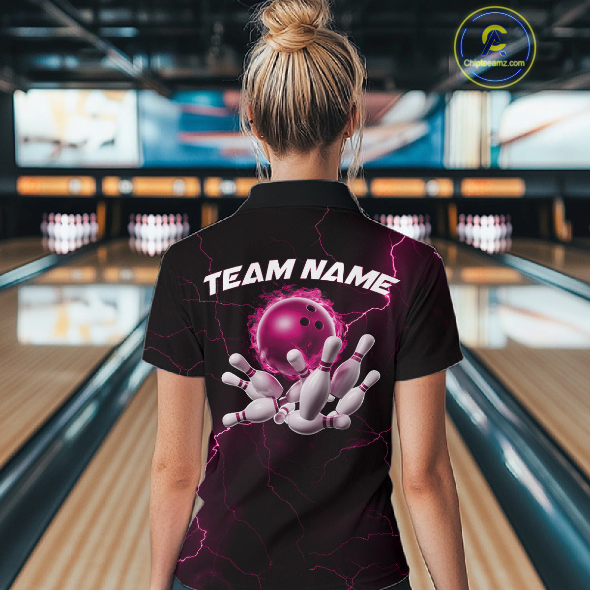 Custom Pink Thunder Lightning Flame Bowling Ball Women Bowling Team Shirt Bowler Outfit IPHW10673