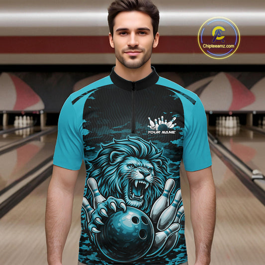 Custom Orange Camo Lion Bowling Men Quarter-Zip Shirt, Lion Bowling Team League Shirt IPHW10369