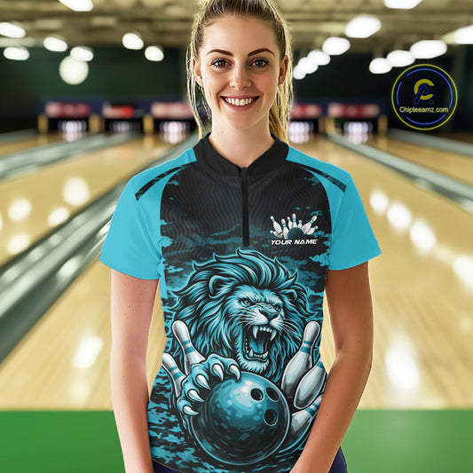 Custom Orange Camo Lion Bowling Women Quarter-Zip Shirt, Lion Bowling Team League Shirt IPHW10369