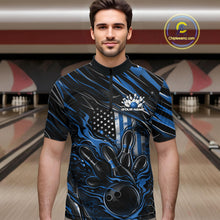 Load image into Gallery viewer, Custom Blue American Flag Flame Men Bowling Quarter-Zip Shirt, Patriotic Bowling Jersey IPHW11176