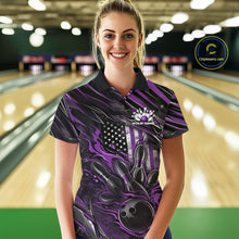 Load image into Gallery viewer, Custom Purple American Flag Flame Women Bowling Polo Shirt, Patriotic Bowling Jersey IPHW11177
