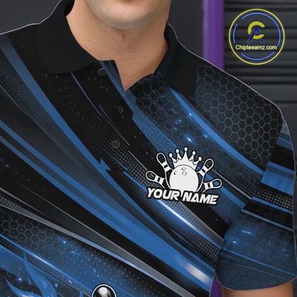 Close-up of the left chest area on a black and blue bowling polo shirt featuring a fiery bowling strike graphic with abstract stripes.
