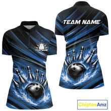 Load image into Gallery viewer, Custom Blue Fire Flame Bowling Team Women Quarter-Zip Shirt, Bowling League Shirt IPHW11186