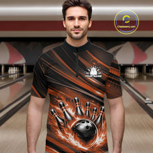 Load image into Gallery viewer, Custom Orange Fire Flame Bowling Team Men Quarter-Zip Shirt, Bowling League Shirt IPHW11188