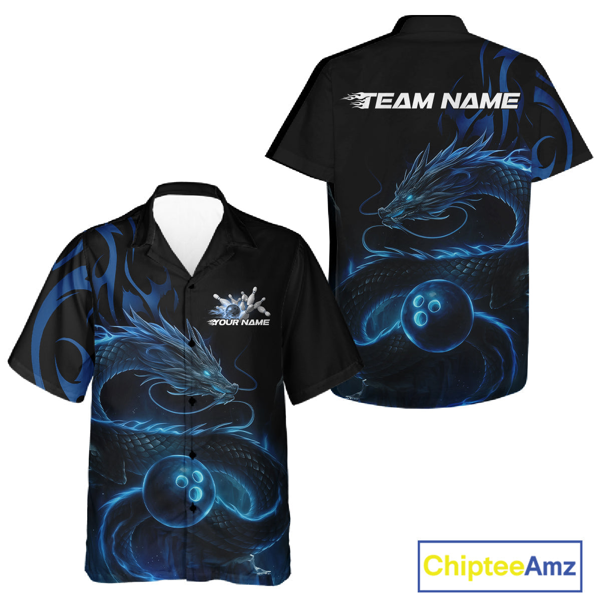 Custom Blue Tribal Flame Dragon Bowlin Team Men And Women Hawaiian Shirt, Dragon Bowling Jerseys IPHW10229