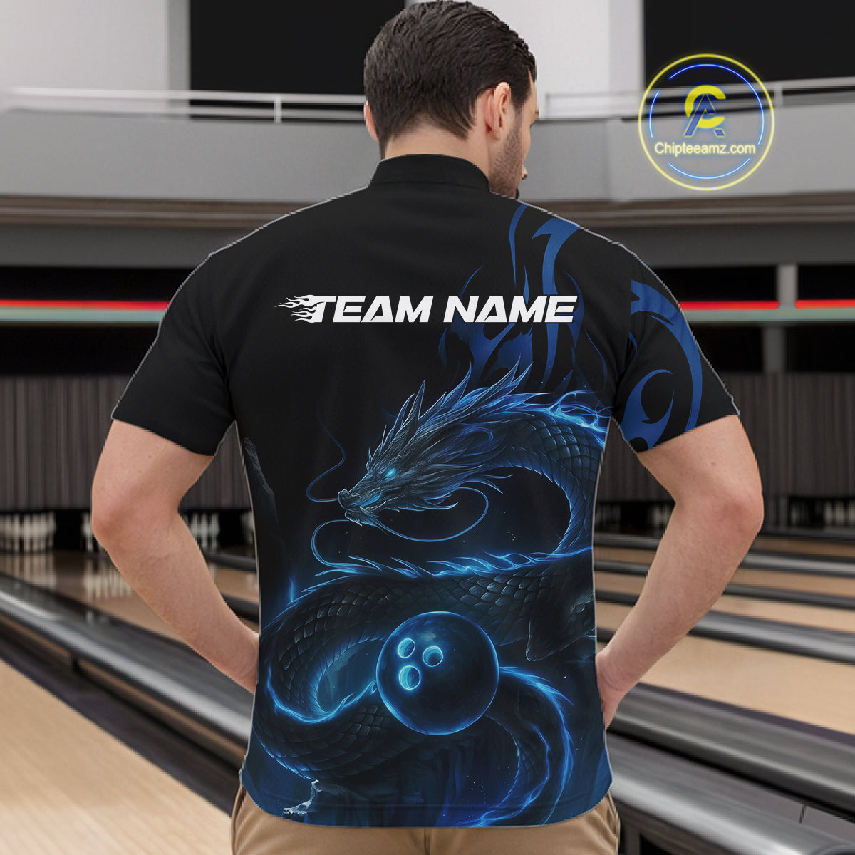 Custom Blue Tribal Flame Dragon Bowlin Team Men Quarter-Zip Shirt, Dragon Bowling Jerseys IPHW10229