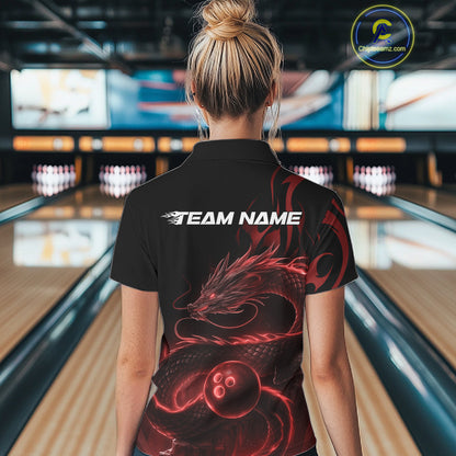 Custom Red Tribal Flame Dragon Bowlin Team Women Polo Shirt, Dragon Bowling Jerseys IPHW10230