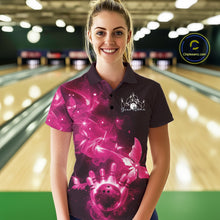 Load image into Gallery viewer, Custom Pink Galaxy Butterfly Bowling Women Polo Shirt, Ladies Bowling Team Outfit IPHW10882