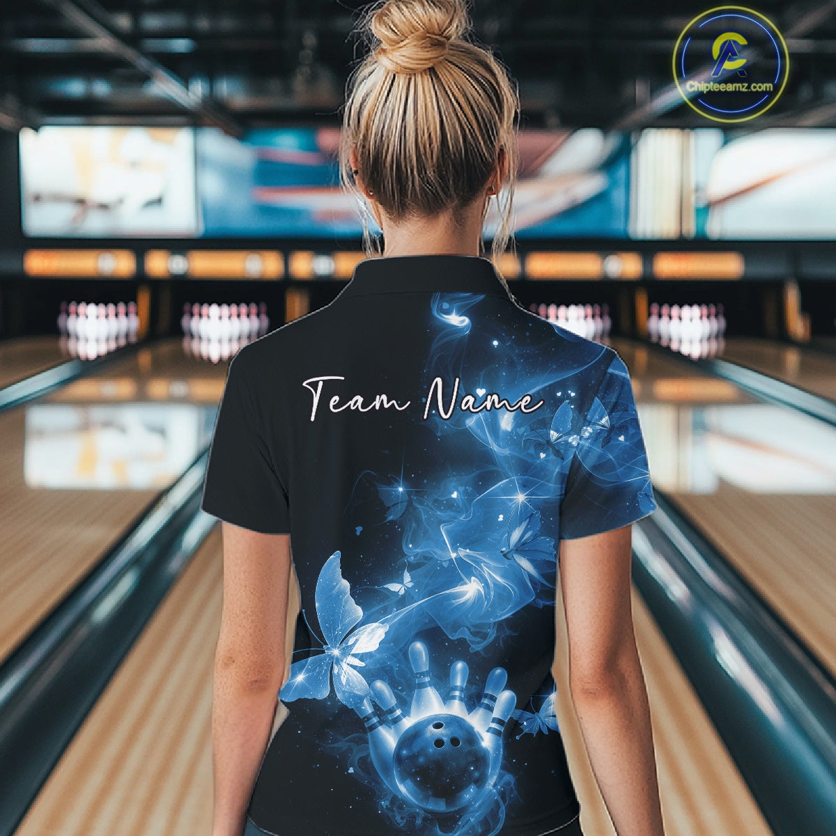 Custom Blue Galaxy Butterfly Bowling Women Quarter-Zip Shirt, Ladies Bowling Team Outfit IPHW10883