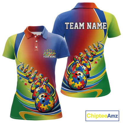 Women’s polo shirt mockup front and back featuring autism puzzle-pattern bowling ball rolling into matching pins in a colorful awareness design