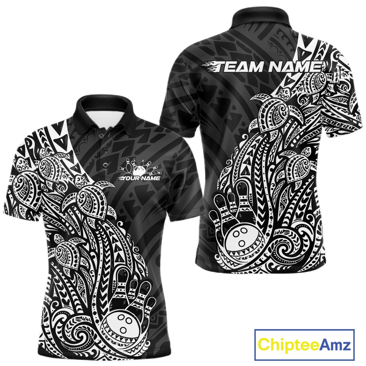 Front and back views of a black and white mens bowling polo shirt featuring bowling ball and pin artwork surrounded by Polynesian tribal swirls.
