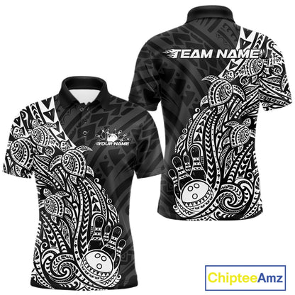 Front and back views of a black and white mens bowling polo shirt featuring bowling ball and pin artwork surrounded by Polynesian tribal swirls.