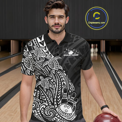Male model wearing a black and white bowling polo shirt at the lane with turtle-inspired bowling graphics.