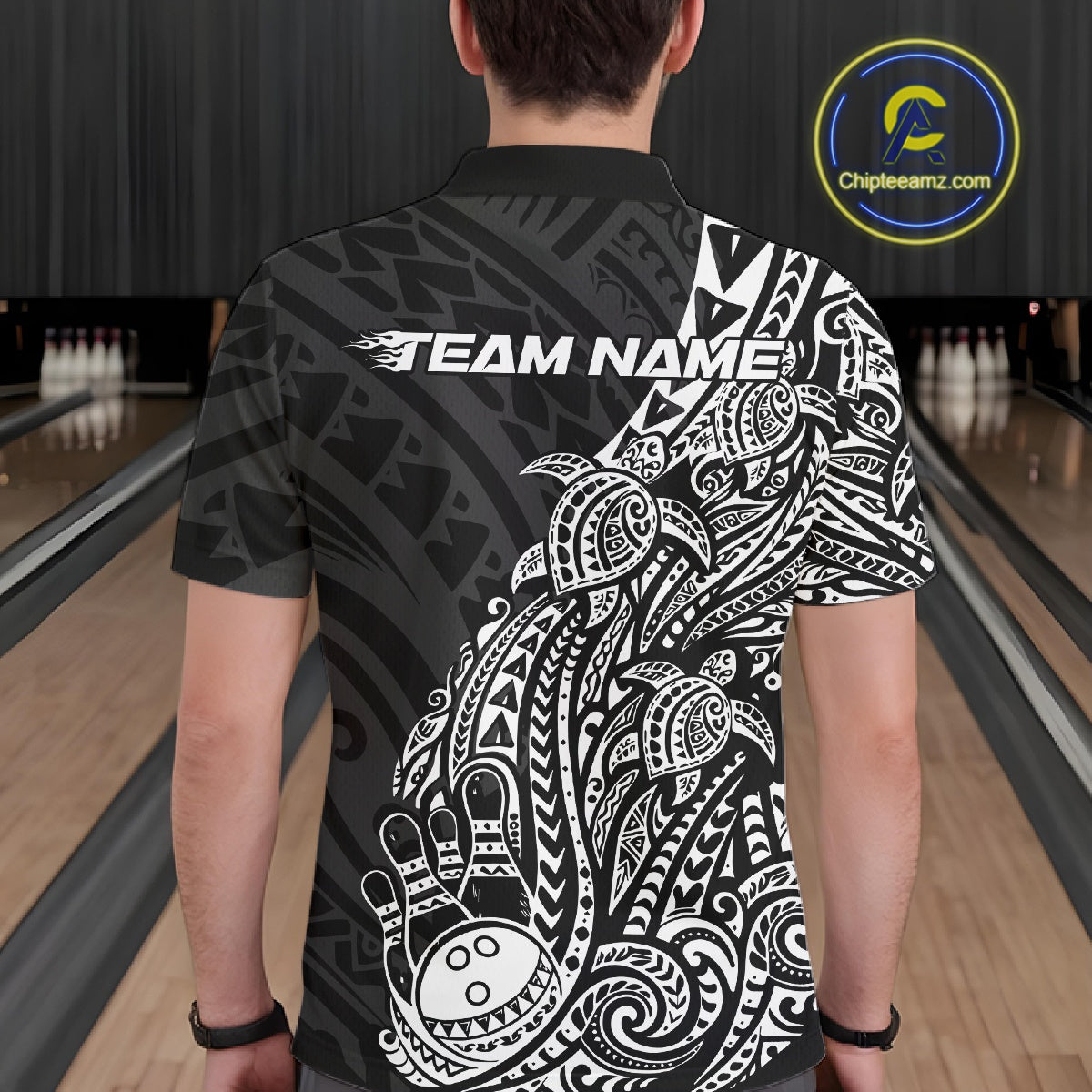 Back view of a male model in a black and white bowling polo shirt showcasing tribal bowling artwork and swirl accents.