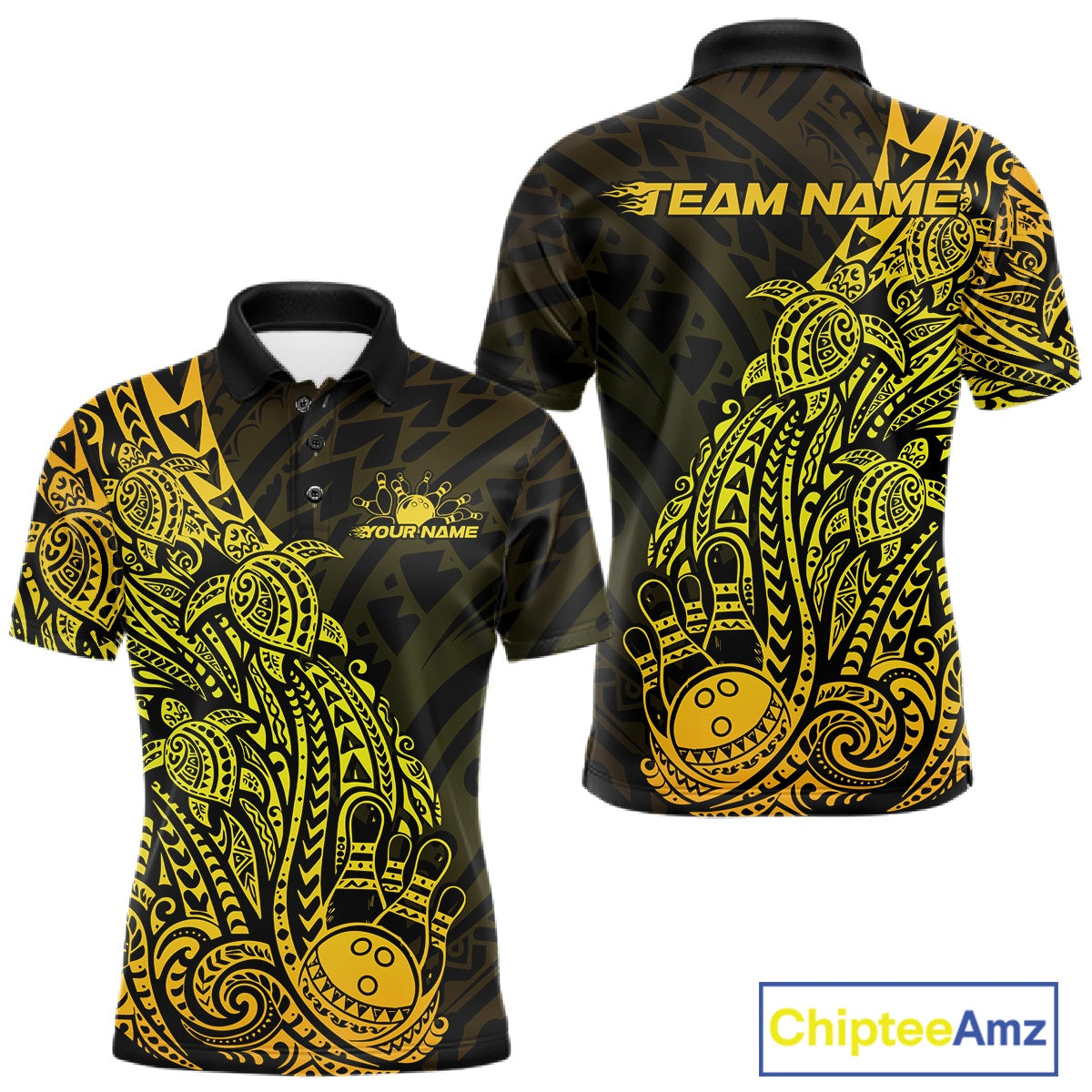 Front and back views of a black and gold mens bowling polo shirt showcasing bowling ball and pin artwork with turtle Polynesian accents.