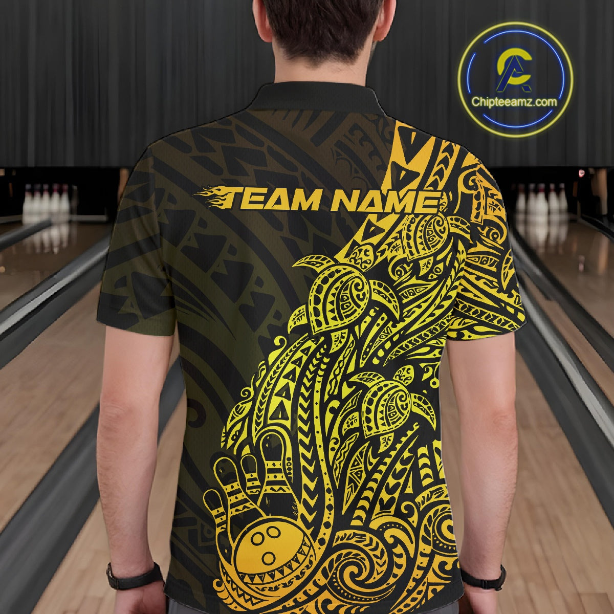 Back view of a male model in a black and gold bowling polo shirt displaying Polynesian swirl bowling artwork.
