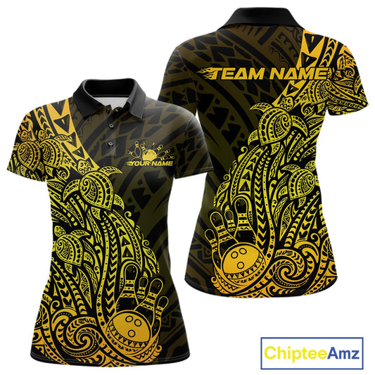 Front and back views of a black and gold womens bowling polo shirt featuring bowling ball and pin artwork with Polynesian swirl details.