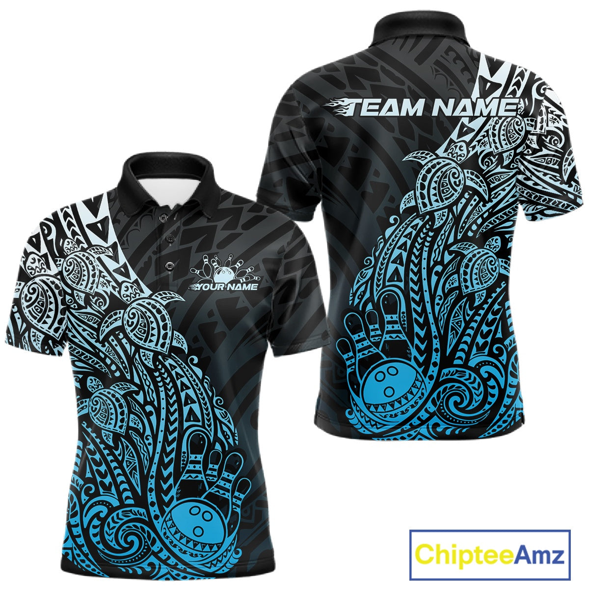 Front and back views of a black and blue mens bowling polo shirt featuring bowling pins and a ball surrounded by tribal swirls and turtle patterns.