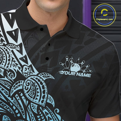 Close-up left chest detail of a black and blue bowling polo shirt featuring tribal swirl bowling graphics.