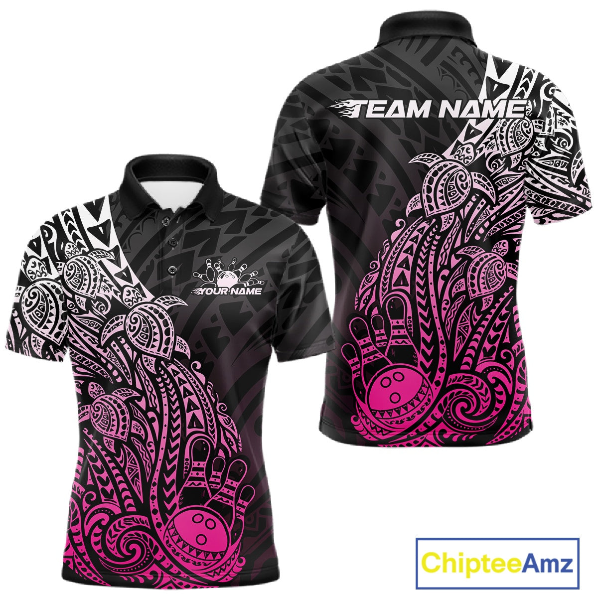 Front and back views of a black and pink mens bowling polo shirt featuring bowling ball and pin graphics framed by tribal swirls and turtle motifs.