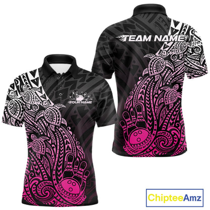 Front and back views of a black and pink mens bowling polo shirt featuring bowling ball and pin graphics framed by tribal swirls and turtle motifs.