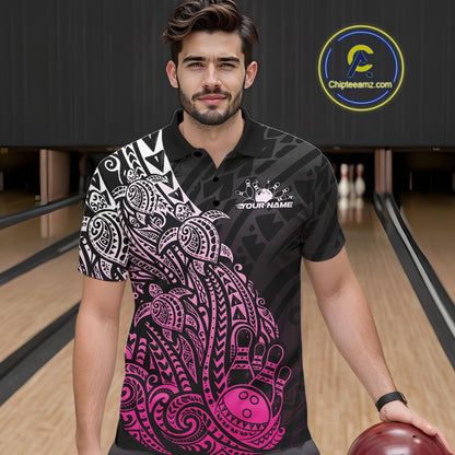 Male model wearing a black and pink bowling polo shirt at the bowling lane with Polynesian-inspired bowling artwork.