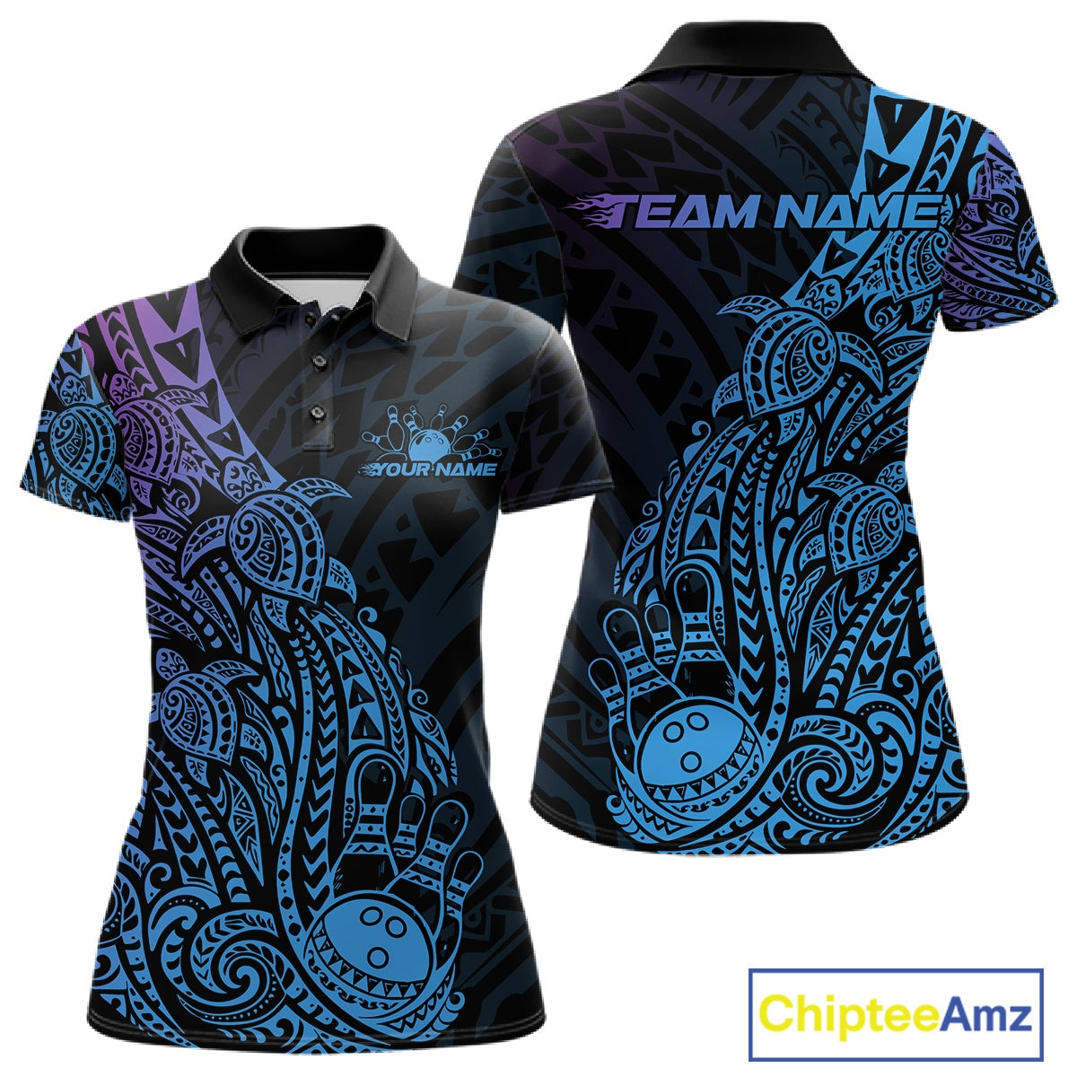 Front and back views of a black, blue, and purple womens bowling polo shirt showcasing bowling pins and a ball with tribal swirl and turtle-inspired graphics.