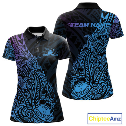 Front and back views of a black, blue, and purple womens bowling polo shirt showcasing bowling pins and a ball with tribal swirl and turtle-inspired graphics.