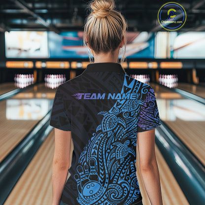 Back view of a female model in a black, blue, and purple bowling polo shirt displaying tribal bowling motifs and turtle patterns.