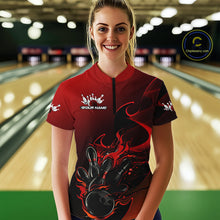 Load image into Gallery viewer, Custom Black And Red Flame Bowling Team Women Quarter-Zip Shirt, Bowling Tournament Shirt IPHW9868