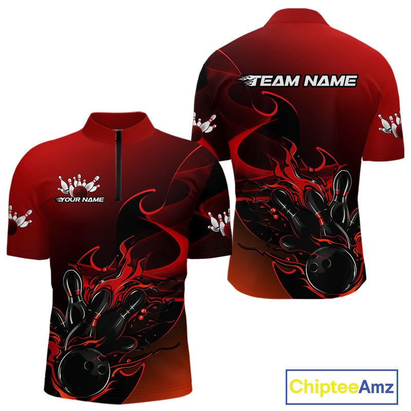 Custom Black And Red Flame Bowling Team Men Quarter-Zip Shirt, Bowling Tournament Shirt IPHW9868
