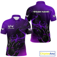 Load image into Gallery viewer, Custom Black And Purple Flame Bowling Team Men Polo Shirt, Bowling Tournament Shirt IPHW9869