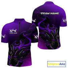 Load image into Gallery viewer, Custom Black And Purple Flame Bowling Team Men Quarter-Zip Shirt, Bowling Tournament Shirt IPHW9869
