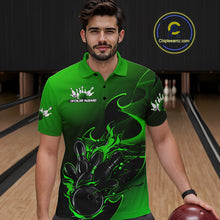 Load image into Gallery viewer, Custom Black And Green Flame Bowling Team Men Polo Shirt, Bowling Tournament Shirt IPHW9870