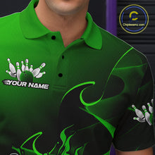 Load image into Gallery viewer, Custom Black And Green Flame Bowling Team Men Polo Shirt, Bowling Tournament Shirt IPHW9870