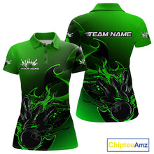 Load image into Gallery viewer, Custom Black And Green Flame Bowling Team Women Polo Shirt, Bowling Tournament Shirt IPHW9870