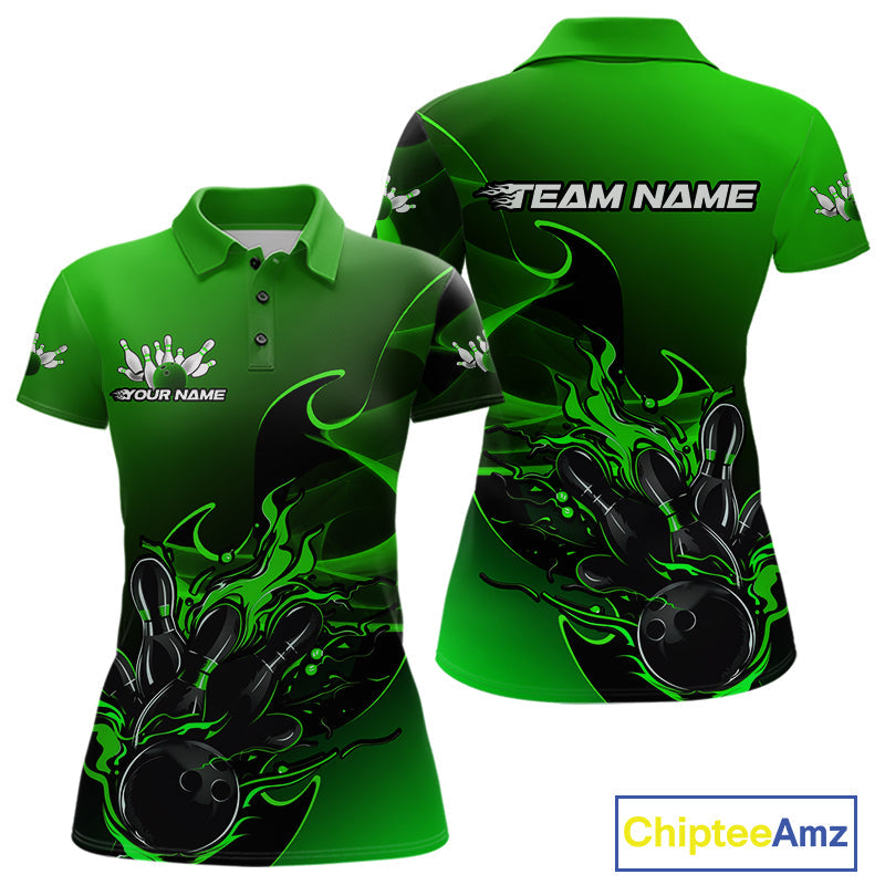 Custom Black And Green Flame Bowling Team Women Polo Shirt, Bowling Tournament Shirt IPHW9870