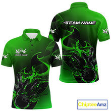 Load image into Gallery viewer, Custom Black And Green Flame Bowling Team Men Polo Shirt, Bowling Tournament Shirt IPHW9870