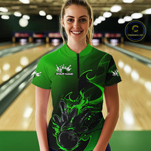 Load image into Gallery viewer, Custom Black And Green Flame Bowling Women Quarter-Zip Shirt, Bowling Tournament Shirt IPHW9870