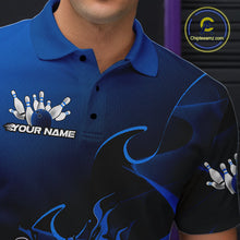 Load image into Gallery viewer, Custom Black And Blue Flame Bowling Team Men Polo Shirt, Bowling Tournament Shirt IPHW9871