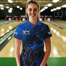 Load image into Gallery viewer, Custom Black And Blue Flame Bowling Team Women Polo Shirt, Bowling Tournament Shirt IPHW9871