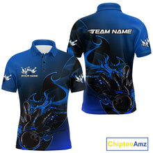 Load image into Gallery viewer, Custom Black And Blue Flame Bowling Team Men Polo Shirt, Bowling Tournament Shirt IPHW9871