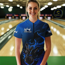 Load image into Gallery viewer, Custom Black And Blue Flame Bowling Women Quarter-Zip Shirt, Bowling Tournament Shirt IPHW9871
