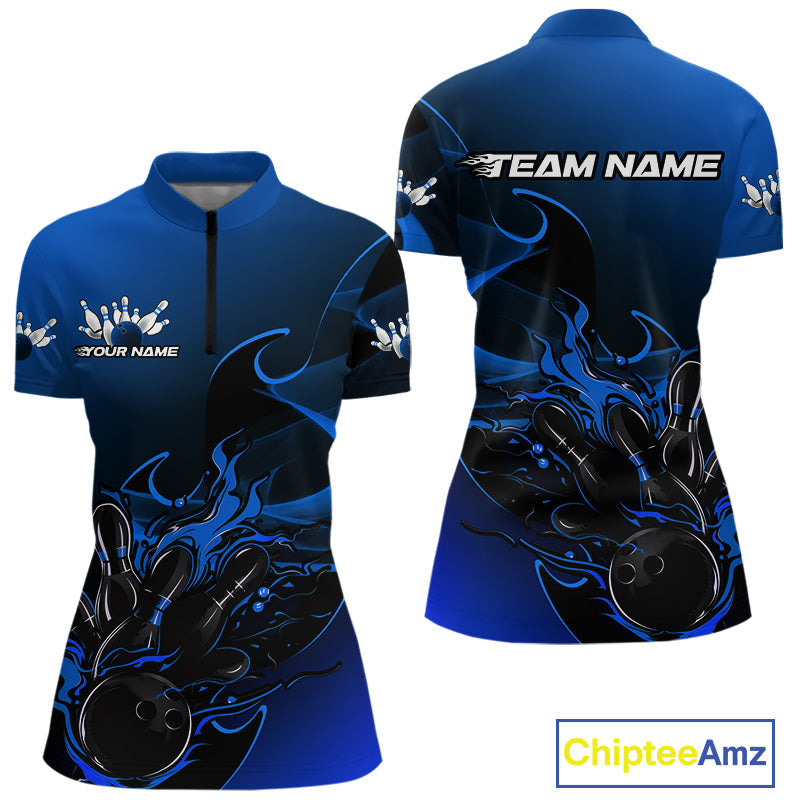 Custom Black And Blue Flame Bowling Women Quarter-Zip Shirt, Bowling Tournament Shirt IPHW9871