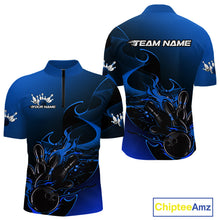 Load image into Gallery viewer, Custom Black And Blue Flame Bowling Team Men Quarter-Zip Shirt, Bowling Tournament Shirt IPHW9871